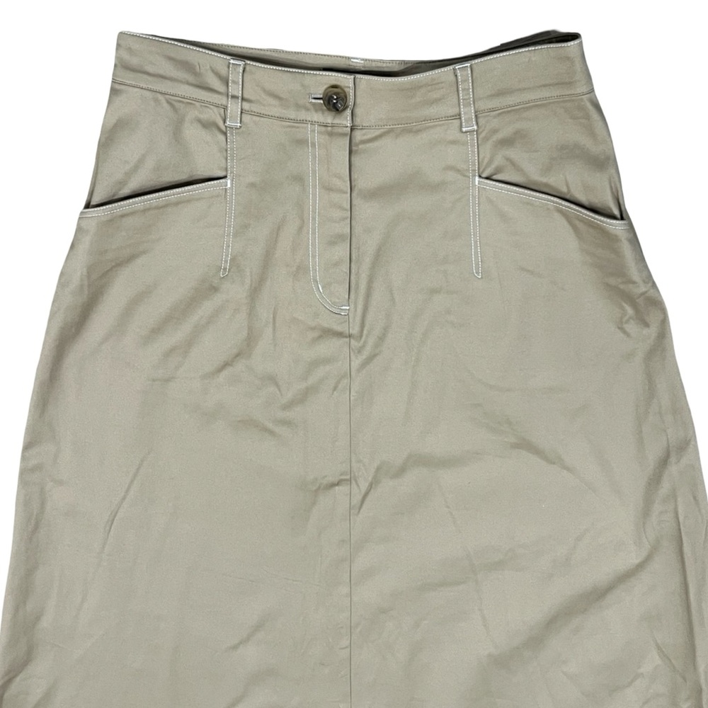 Cotton Khaki Tan A-line Maxi Skirt Elegant White Stitching Old Money Office - Picture 4 of 11